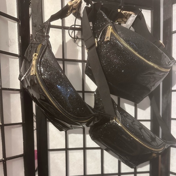 Medium Black Shiny Fanny Pack with Gold Accents - Picture 2 of 11